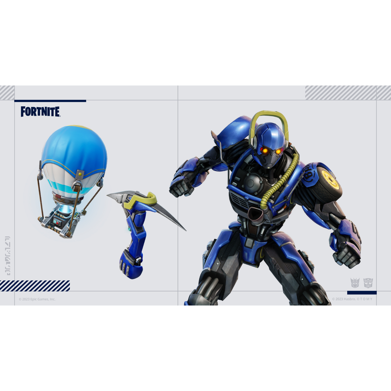 Fortnite-thema afbeelding met een blauwe ballon, een houweel en een robotachtig karakter in de stijl van Transformers.