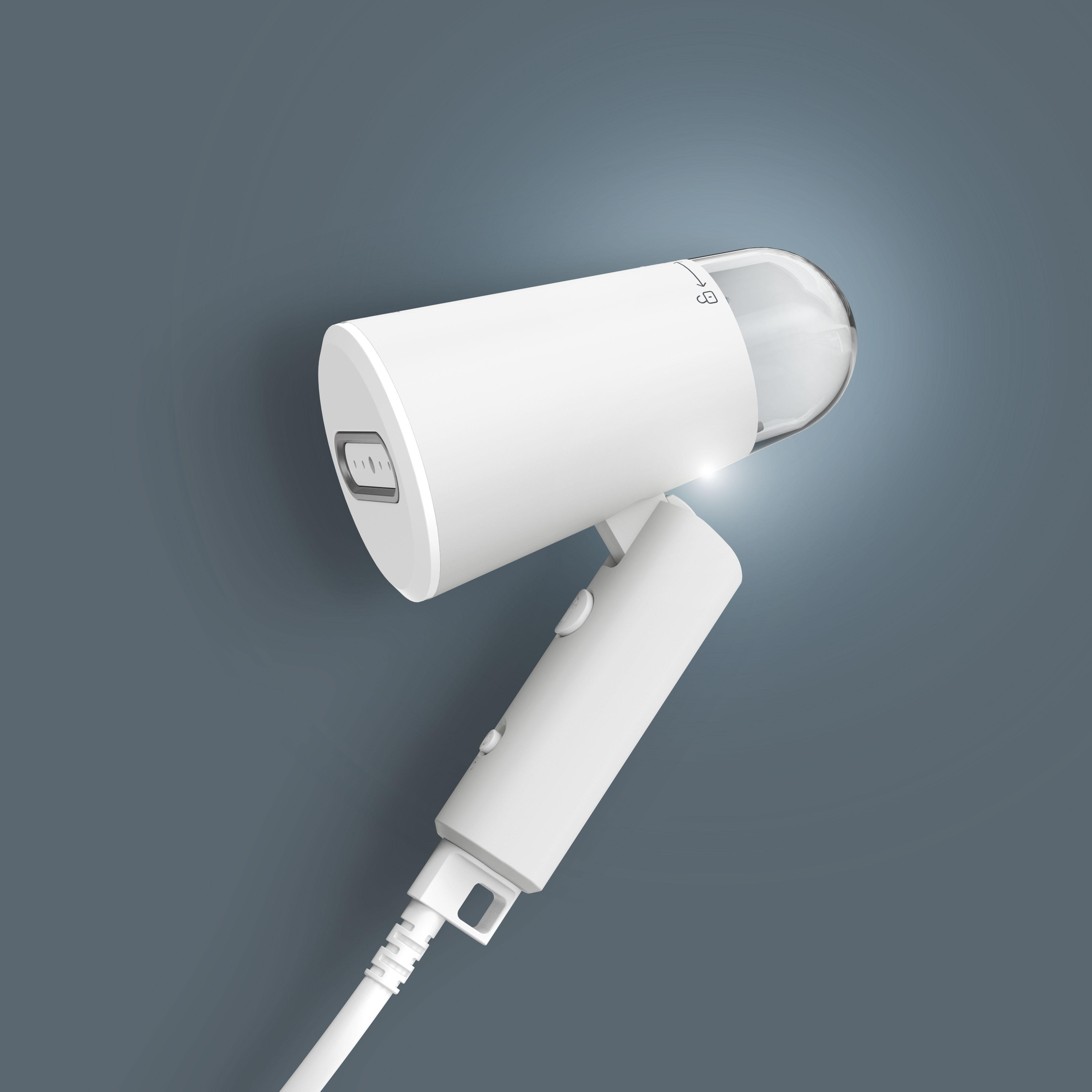 Ein weißer, modern aussehender Ohrreiniger mit transparentem Aufsatz und weißem Kabel, vor blauem Hintergrund.