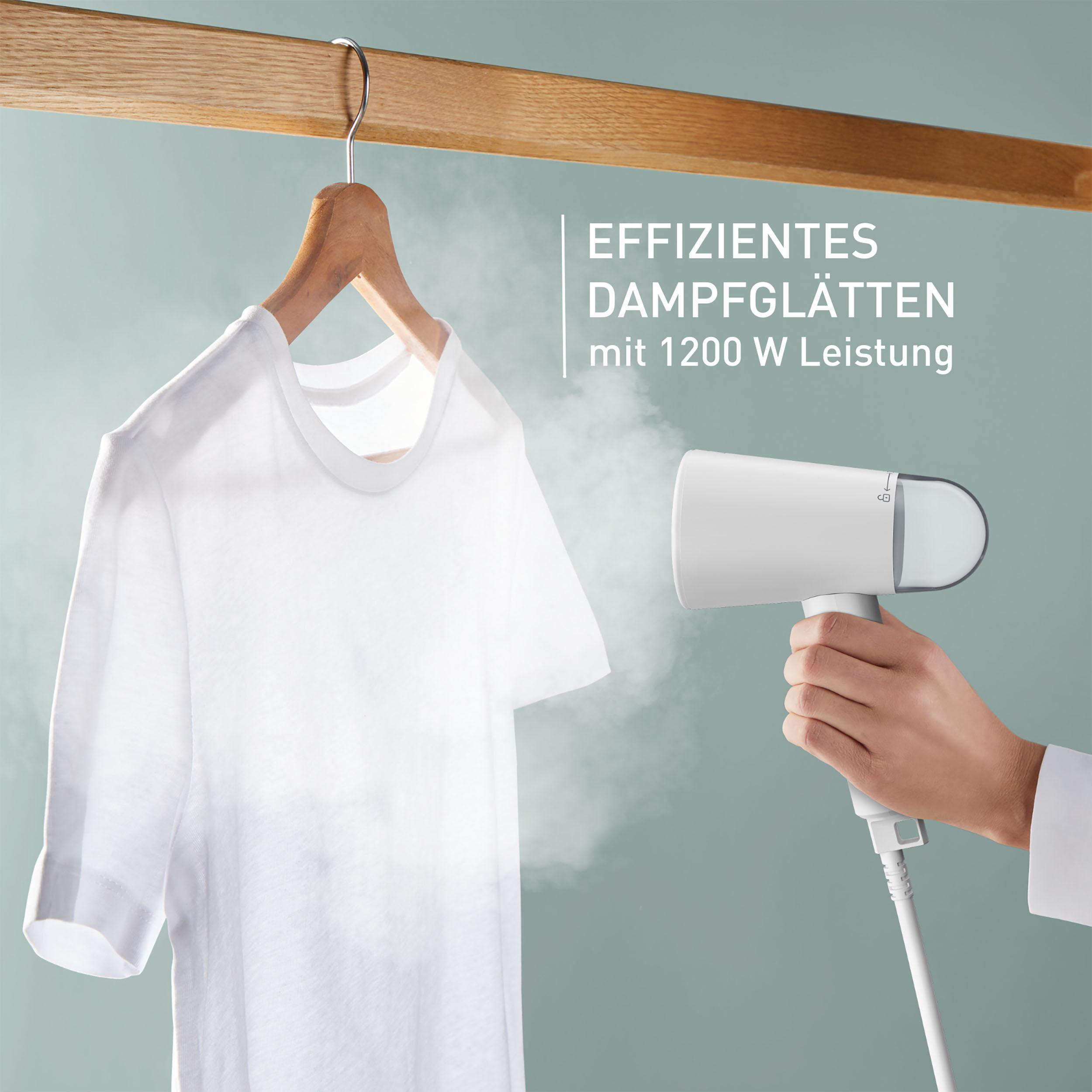 Weißes Hemd wird gedämpft. Text: Effizientes Dampfglätten mit 1200 W.