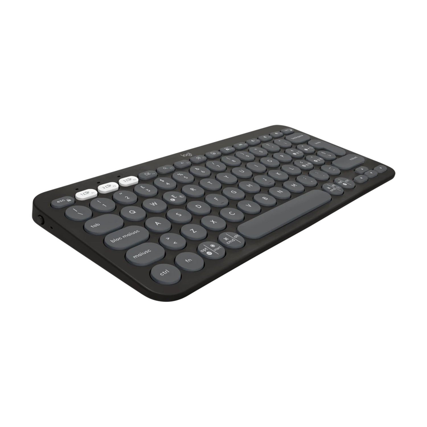 Tastiera wireless nera con tasti grigi, tasti bianchi e logo del marchio, isolata su sfondo bianco.