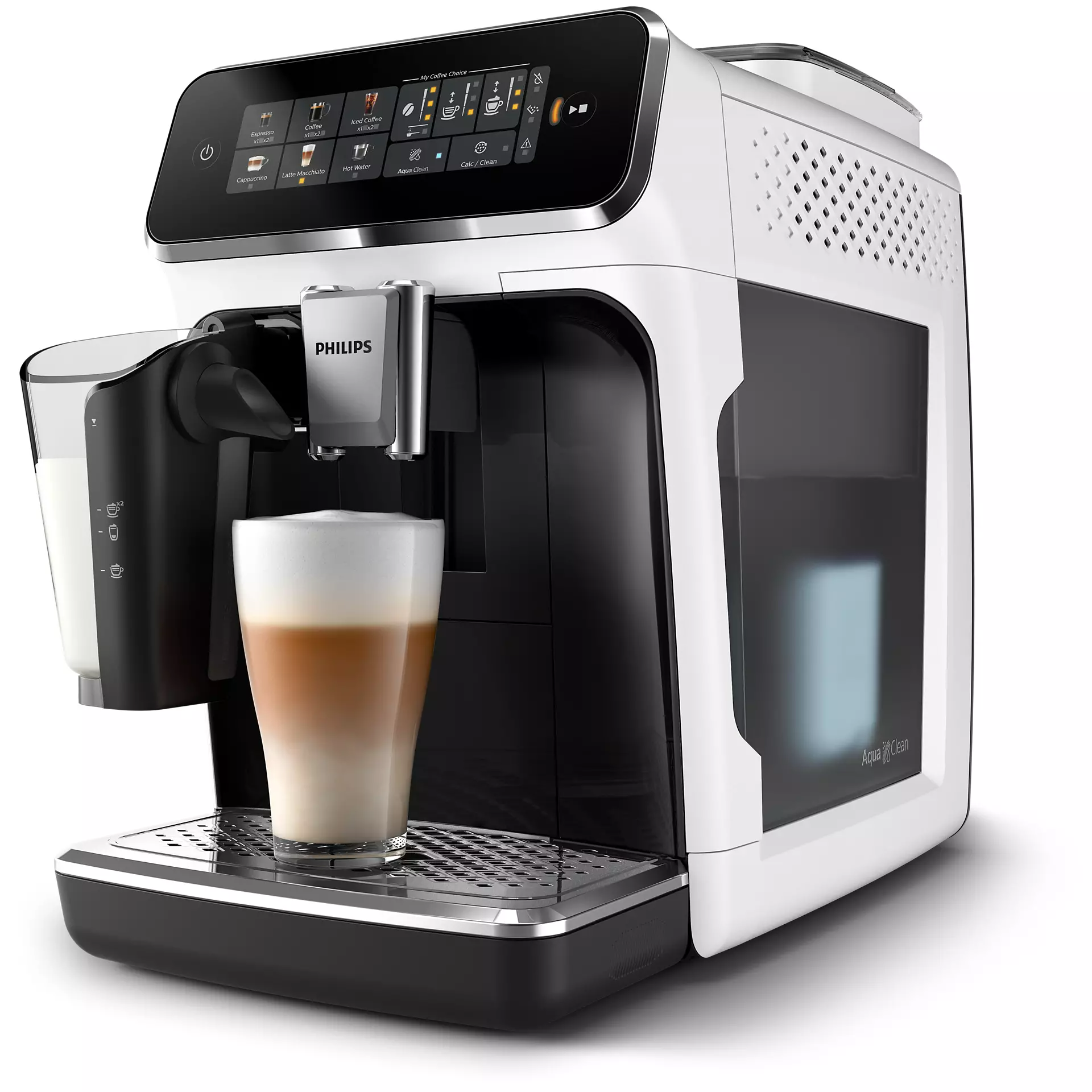Egy fehér-fekete kávéfőző réteges latte macchiatóval és tejhabosítóval.