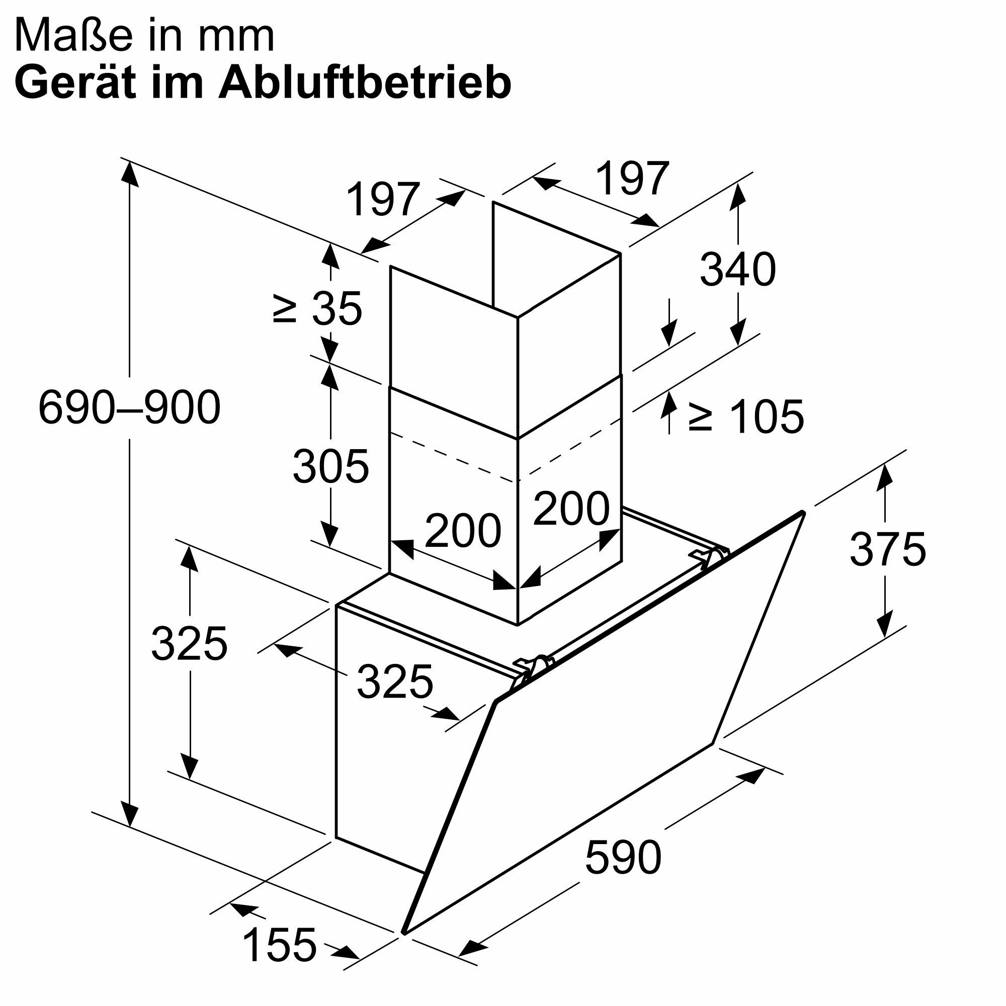 Diagramm mit Abmessungen für eine Küchenhaube. Schwarze Linien und Beschriftungen auf weißem Hintergrund.