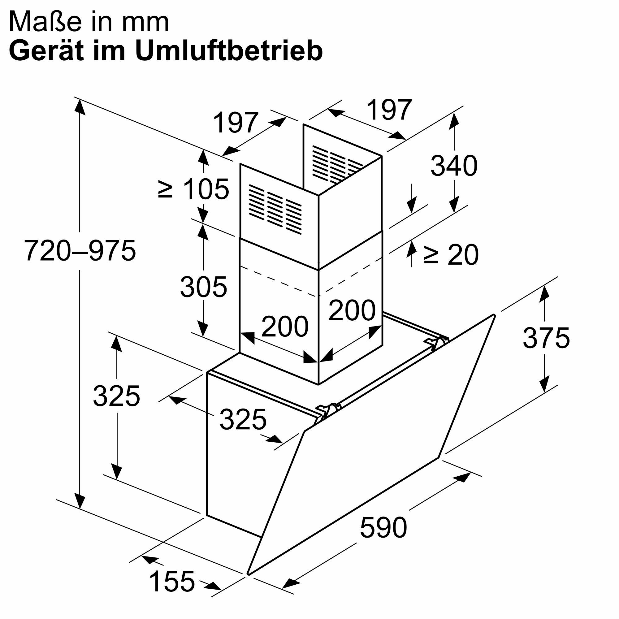 Diagramm einer Dunstabzugshaube in einer Küche, Abmessungen in Millimetern.