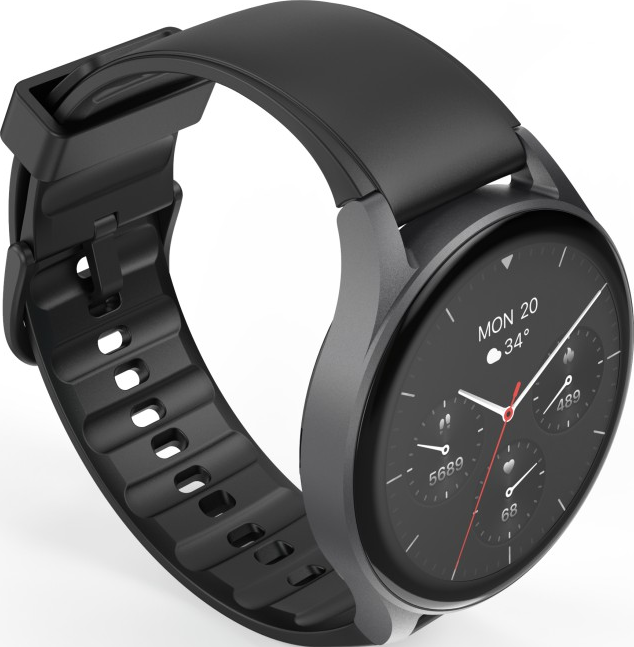Smartwatch noire avec cadran rond. Elle affiche la date et l'heure. Le fond est blanc.