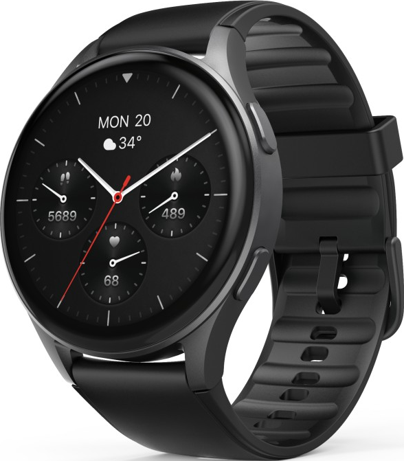 Montre connectée noire affichant la date, la température et les mesures d'activité.