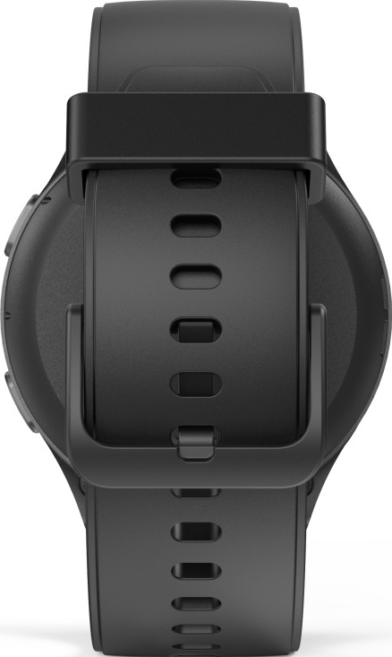 Montre connectée noire avec boucle sur le bracelet. L'arrière est visible.