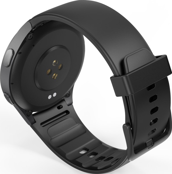 Montre connectée noire avec bracelet noir, montrant l'arrière avec capteurs et un bouton.
