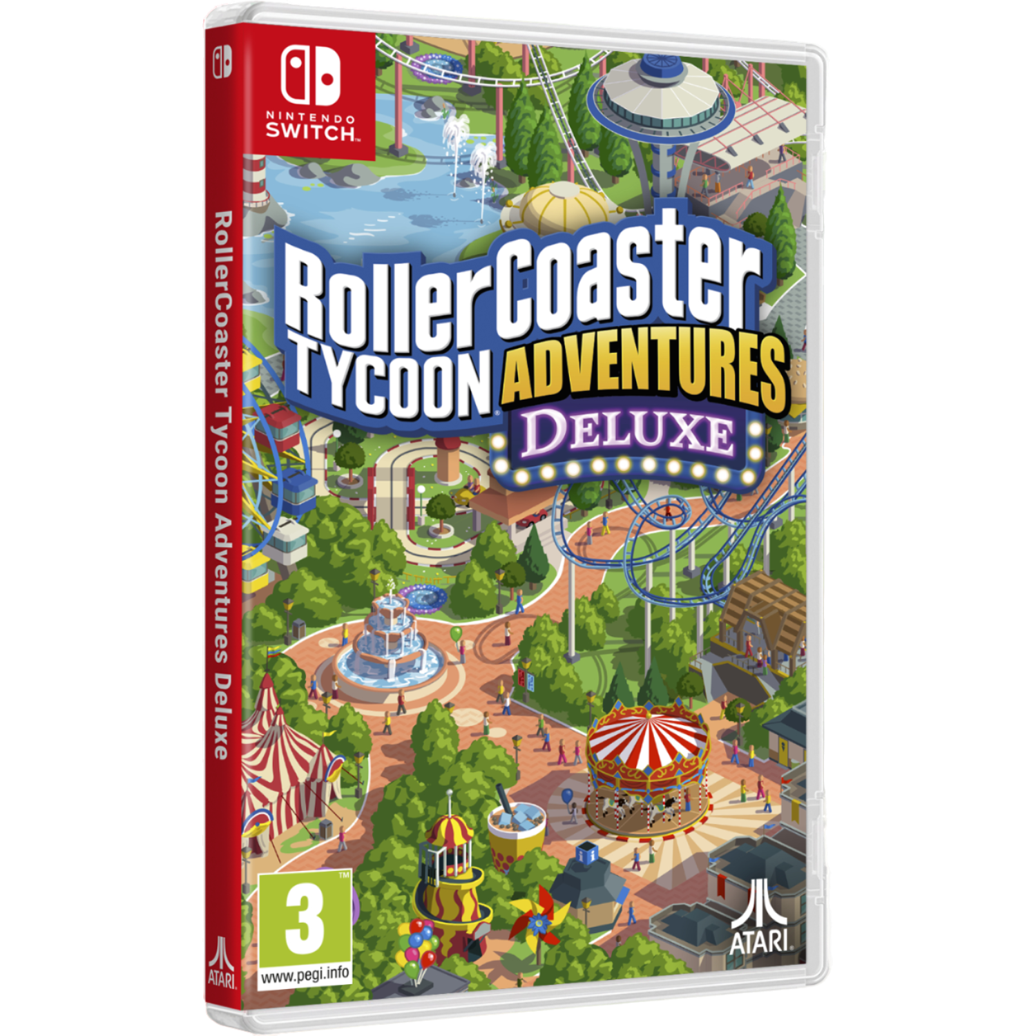 RollerCoaster Tycoon Adventures Deluxe gamebox met een achtbaan scène en het Nintendo Switch logo.