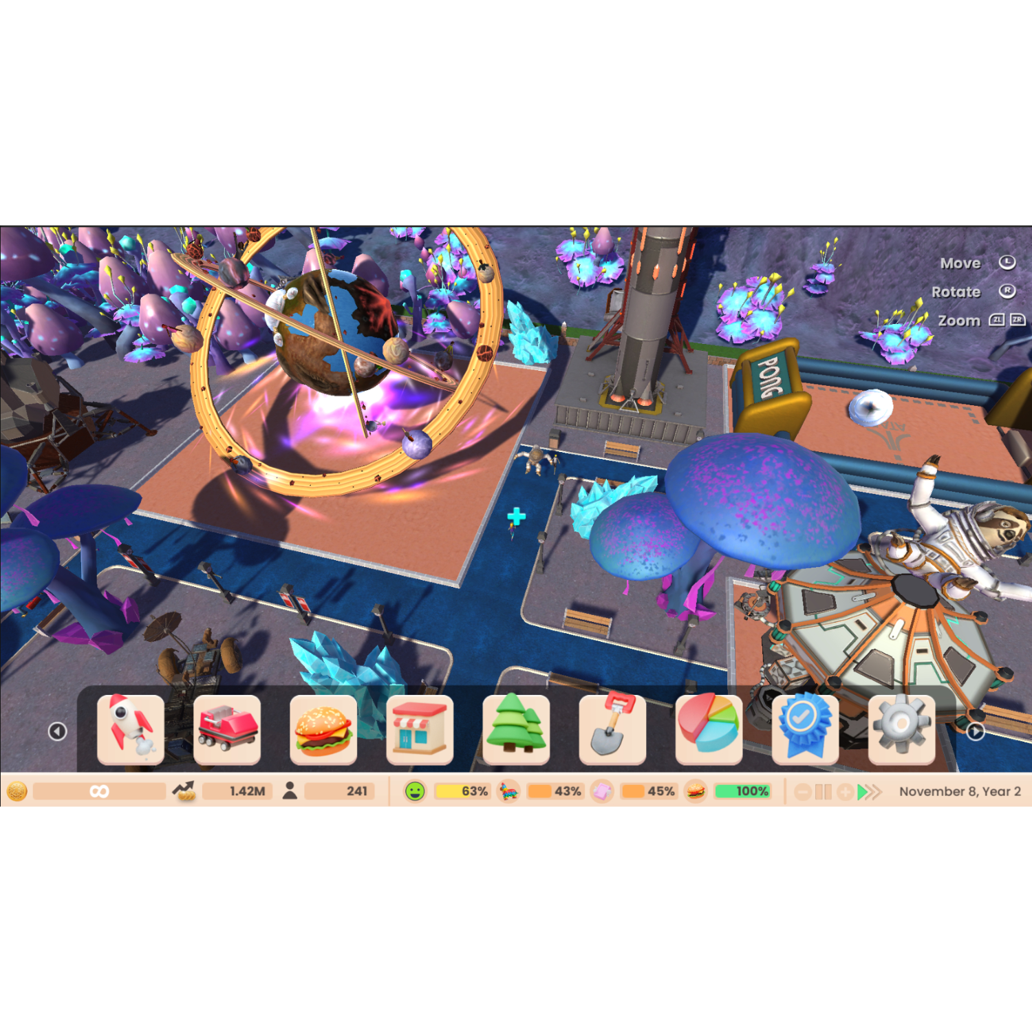 Game-interface met een ruimtestad. Gebouwen, grondstoffen en iconen zichtbaar.