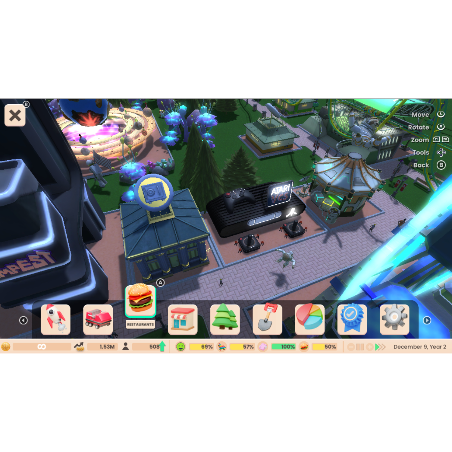 Screenshot van een stedenbouwspel met diverse gebouwen, menu's en een futuristisch thema.