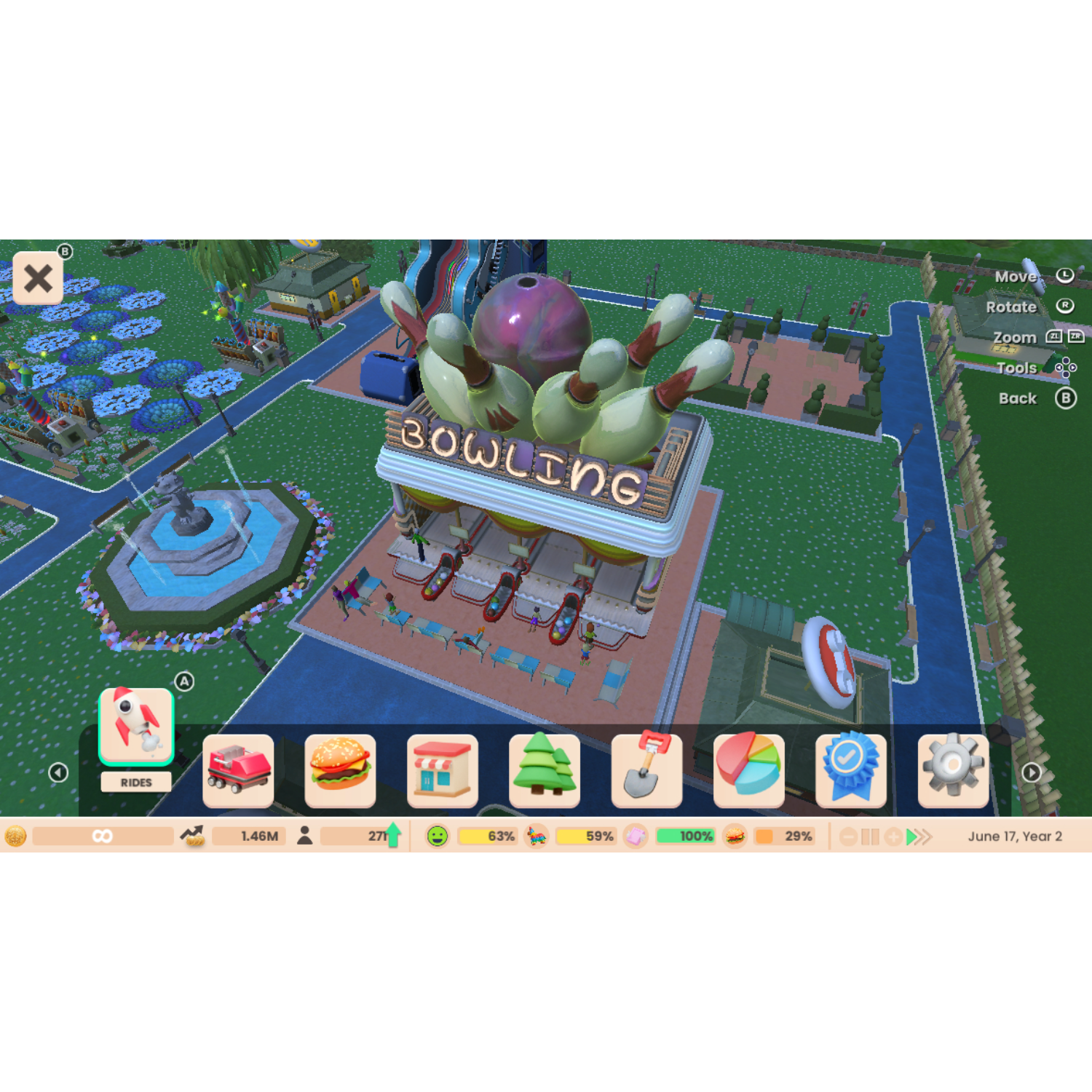 Spel screenshot. Bowlingbaan, attractie-iconen en gameplay interface.