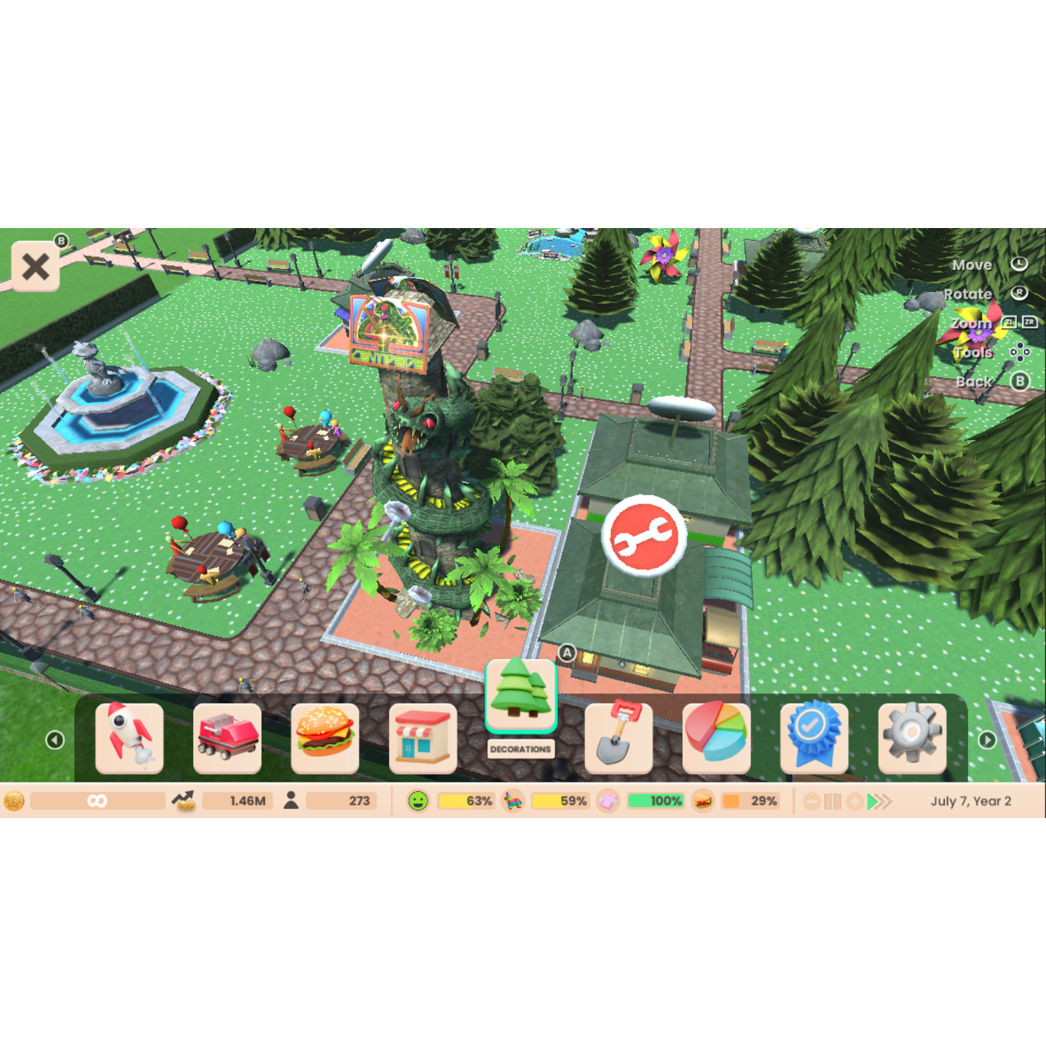 Bovenaanzicht van een videogame met cartoon-elementen en menu-opties.