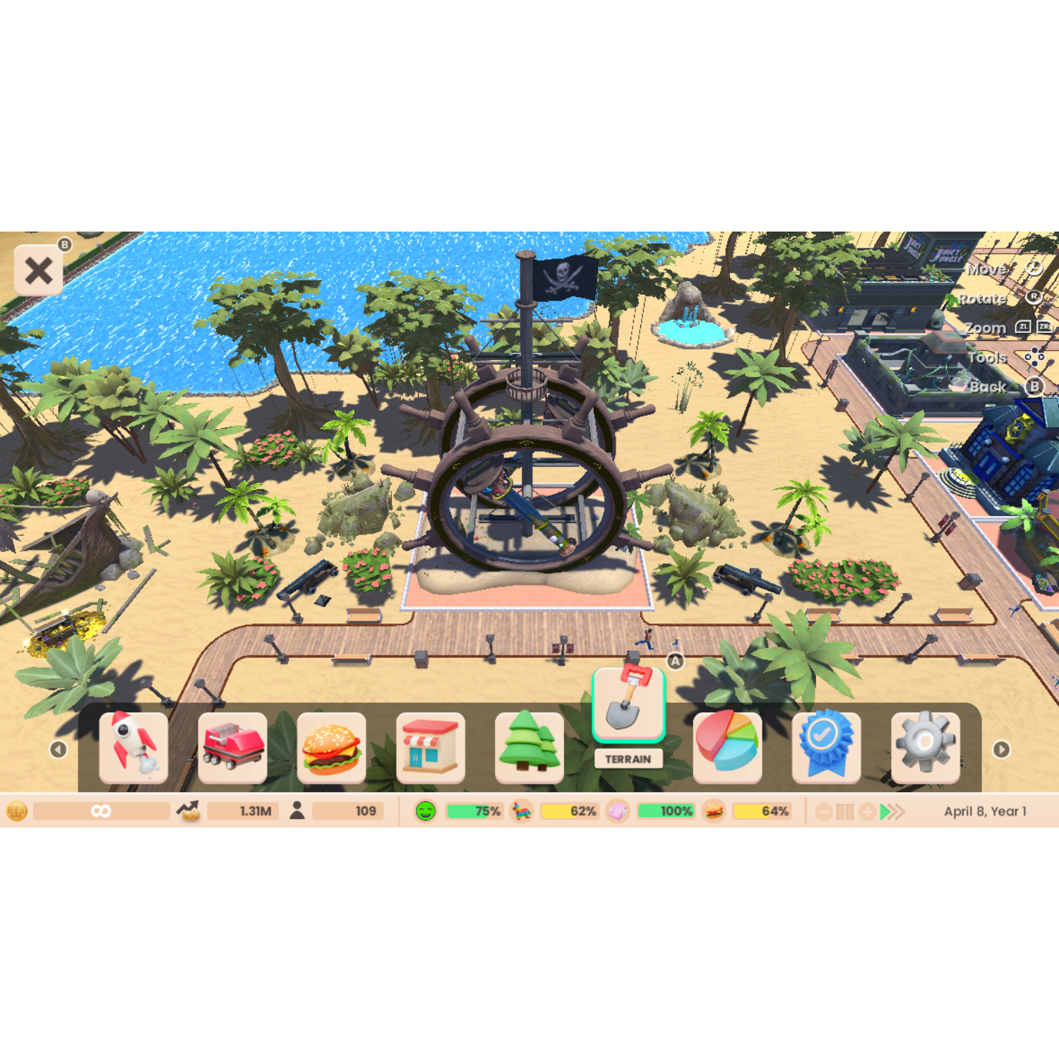 Een scherm van een mobiele game met een cartoonachtig piratenschip en een strandscène.