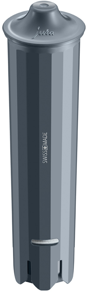 Filtro dell'acqua grigio. È cilindrico con un coperchio e il marchio "jura" sopra.