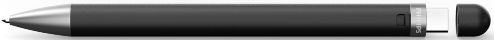 Black stylus pen with a USB-C port. The pen has a silver tip and a cap.