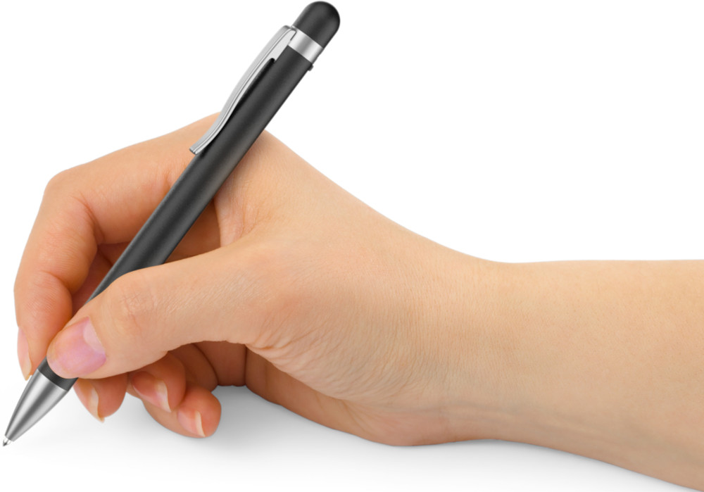 A hand holding a black pen, writing. White background.