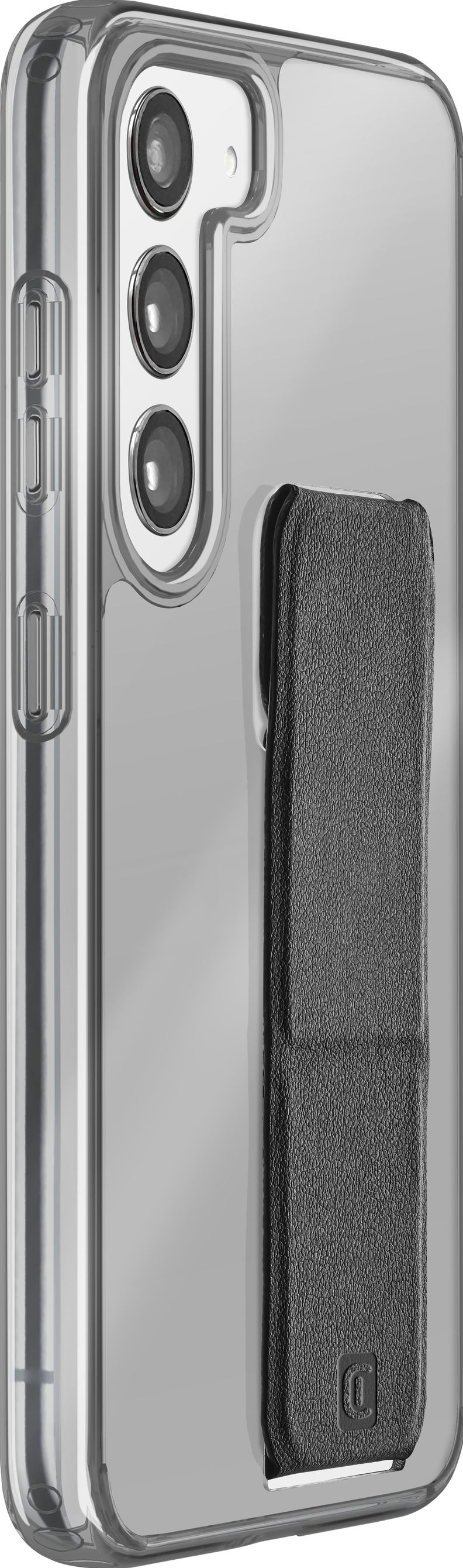 Une coque de téléphone transparente avec une sangle noire à l'arrière, montrant les boutons latéraux du téléphone.
