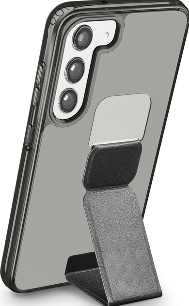 Coque de téléphone noire avec béquille. Téléphone gris à l'intérieur, trois lentilles de caméra visibles.