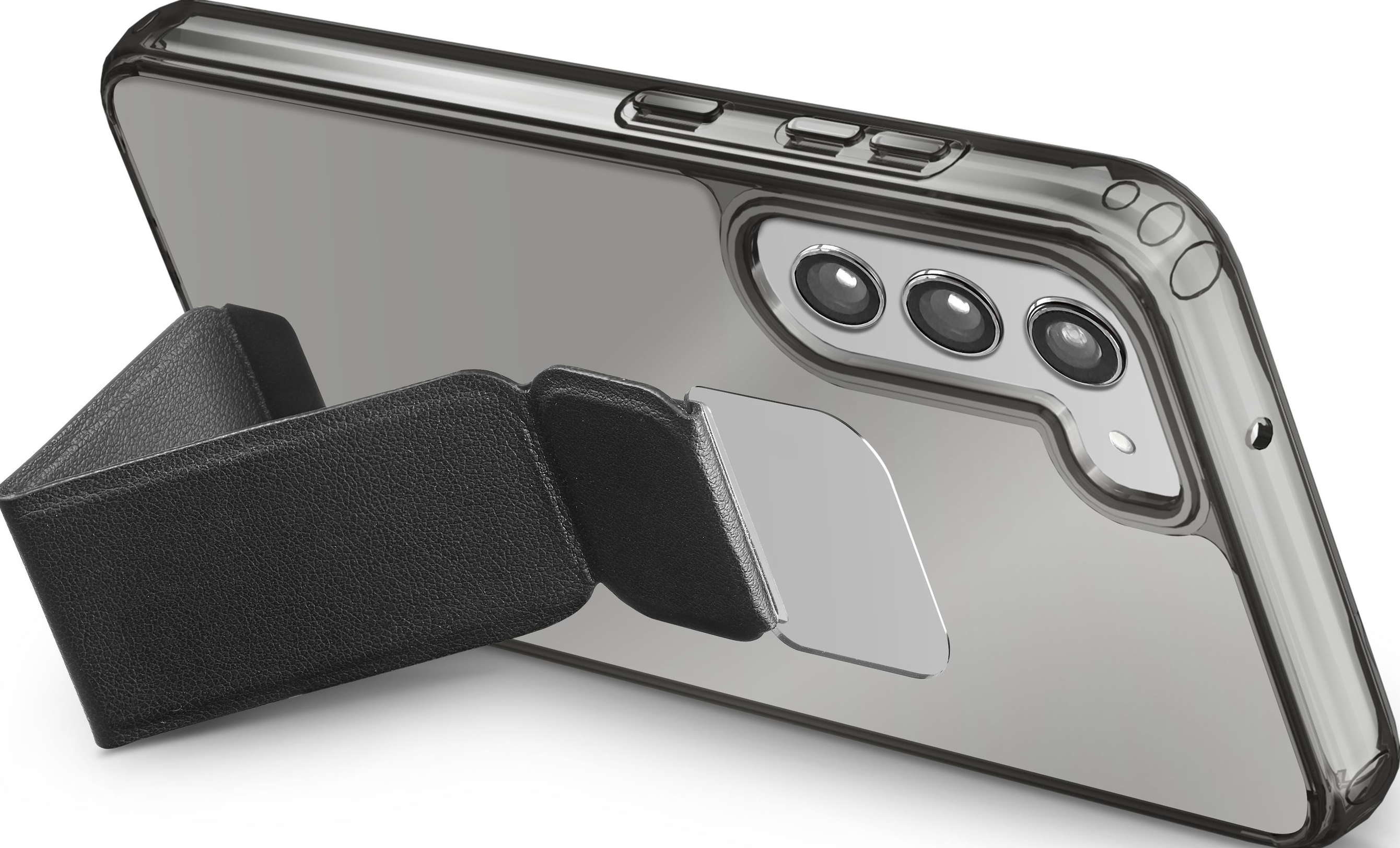 Un téléphone dans un étui transparent avec un support attaché. Le téléphone est sur le côté.