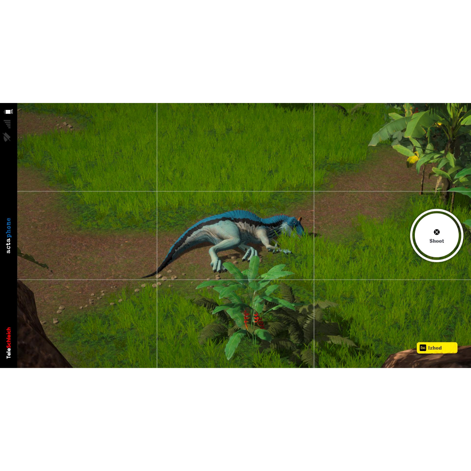 Un dinosaure dans une jungle, capturé à travers un écran de téléphone avec un bouton 'Shoot'.