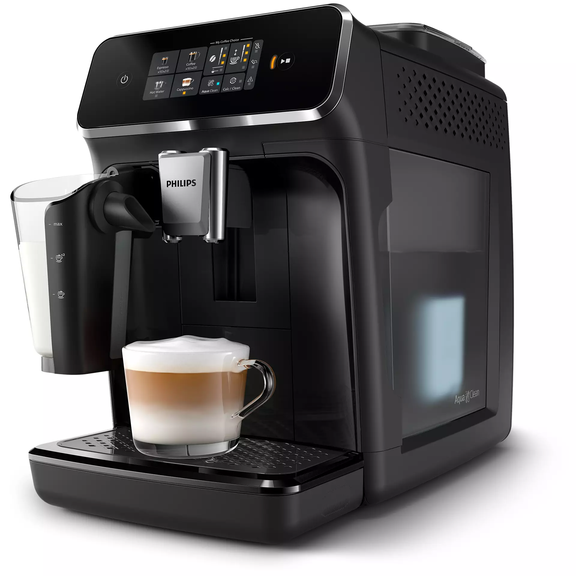 Fekete Philips eszpresszógép, latte-val és egy tejtartállyal.
