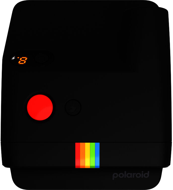 Fekete Polaroid kamera, piros gombbal, szivárványcsíkkal, '8'-as digitális kijelzővel.