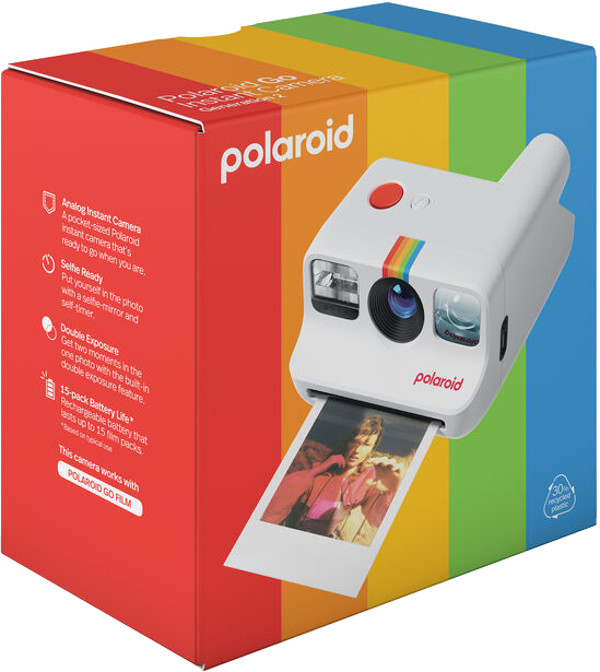 Polaroid Go kamera a dobozával, szivárványos dizájnnal.