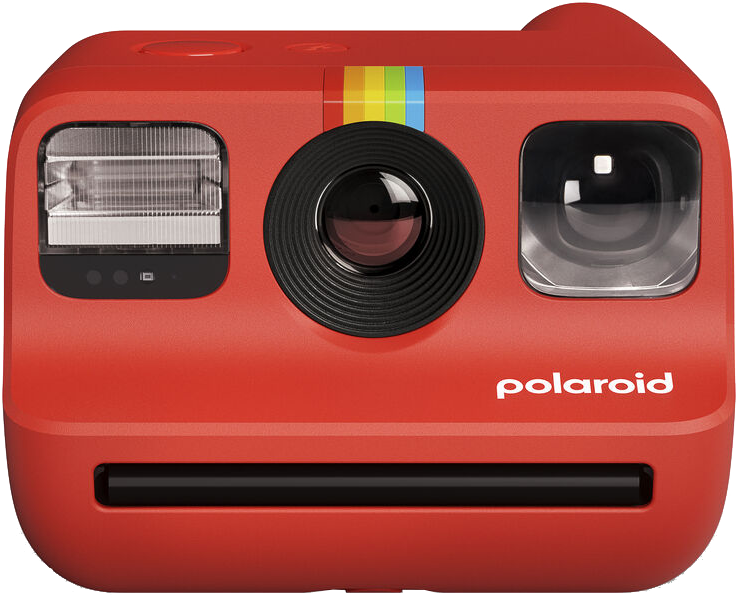 Piros Polaroid kamera vakuval és objektívvel. Szivárványszínű csík van a tetején.