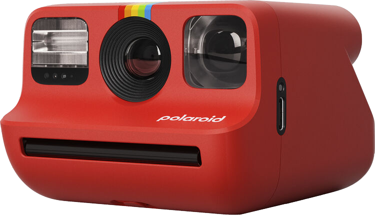 Piros Polaroid kamera, szivárvány csík, vaku, lencse, modern design.