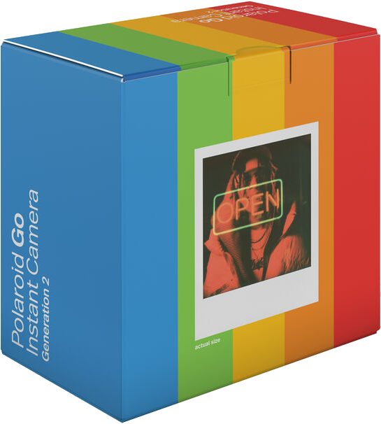 Egy Polaroid Go instant fényképezőgép doboza. A doboz színes, egy személyt ábrázoló képpel, aki egy fotót tart.