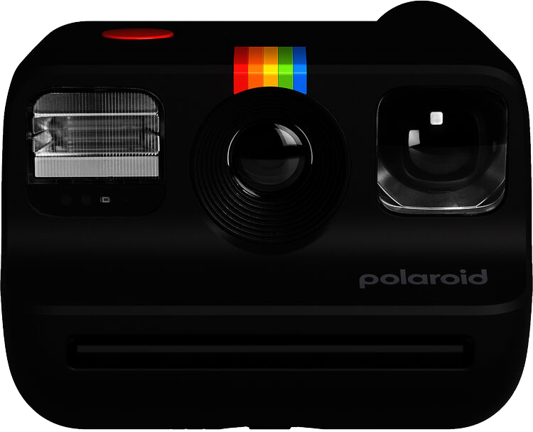 Fekete Polaroid instant kamera szivárványcsíkkal, vakuval és objektívvel.