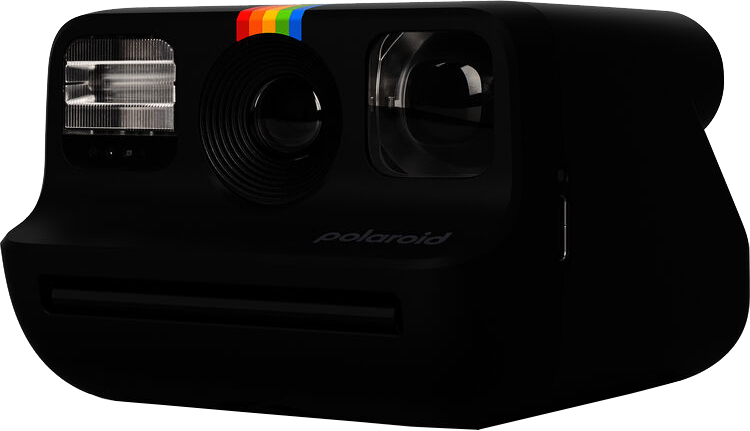 Fekete Polaroid instant kamera szivárvány csíkkal és vakuval.