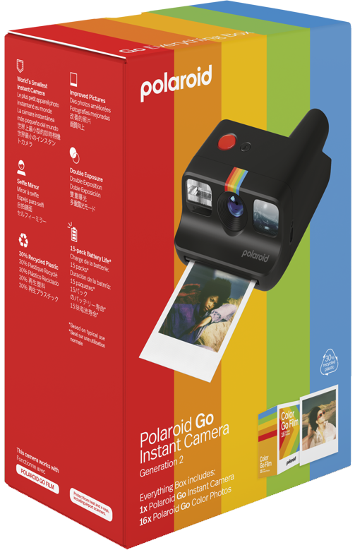 Polaroid Go instant kamera egy dobozzal, amely egy készített fotót és egyéb információkat mutat.
