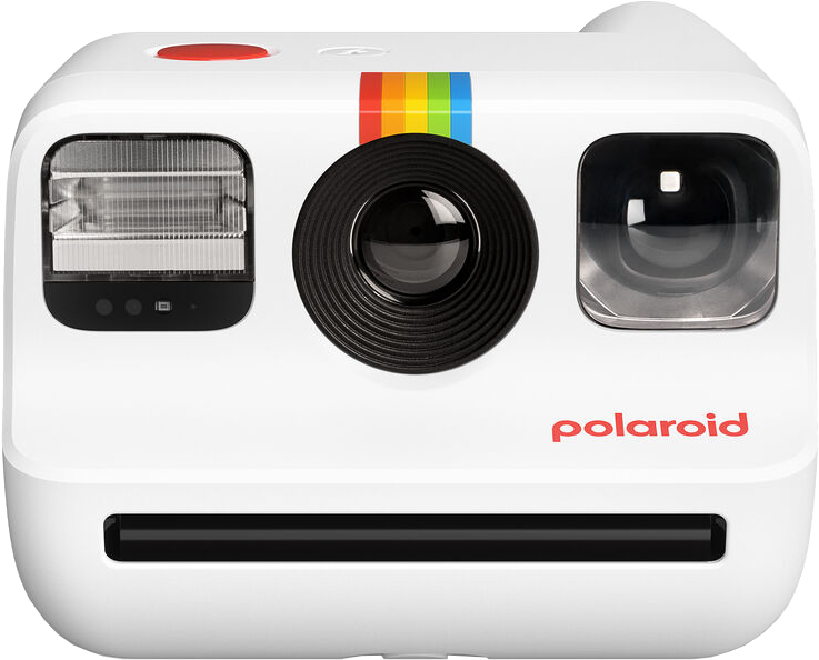 Fehér Polaroid fényképezőgép szivárványos csíkkal.