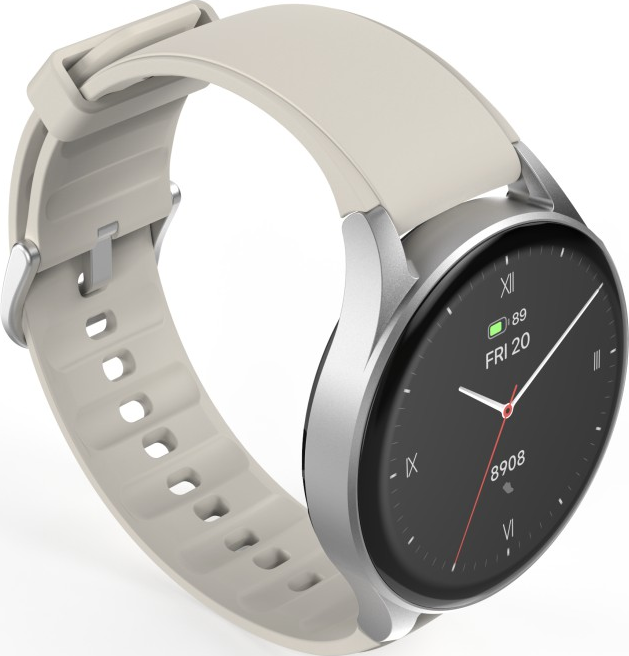 Montre connectée crème avec écran rond noir et bracelet blanc.