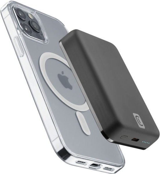 iPhone dans un étui transparent avec une batterie externe noire attachée.