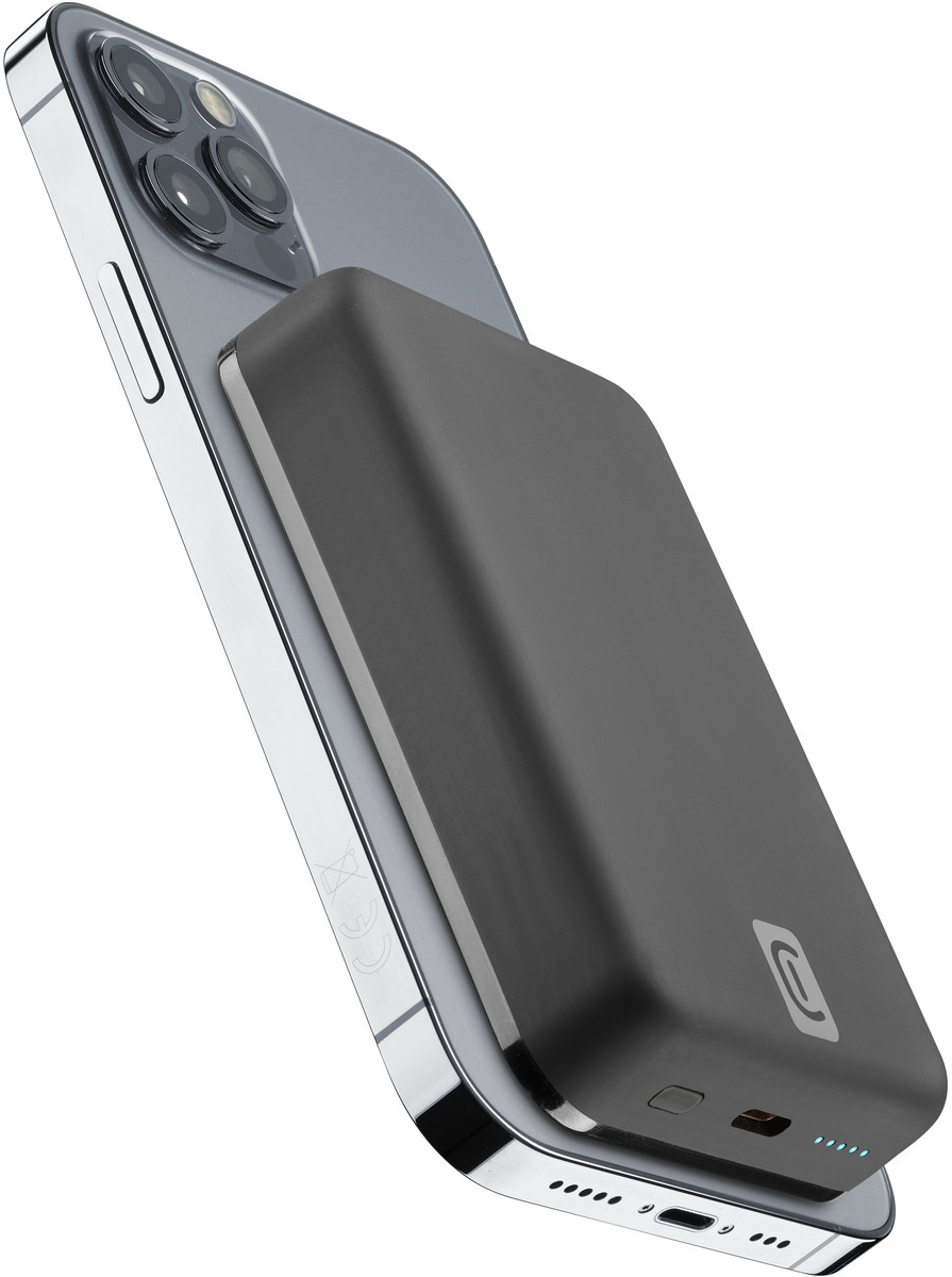 Téléphone avec une batterie externe noire attachée.