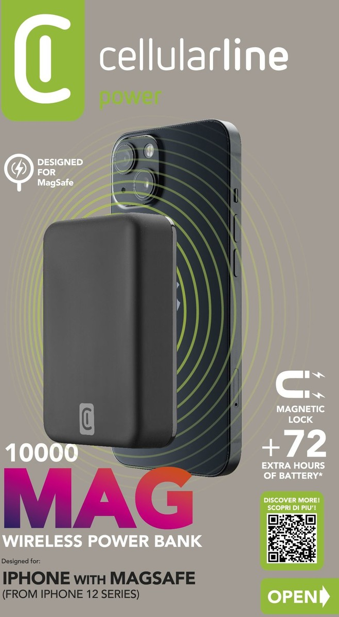 Batterie externe sans fil noire avec iPhone, texte MAG, conçue pour MagSafe.