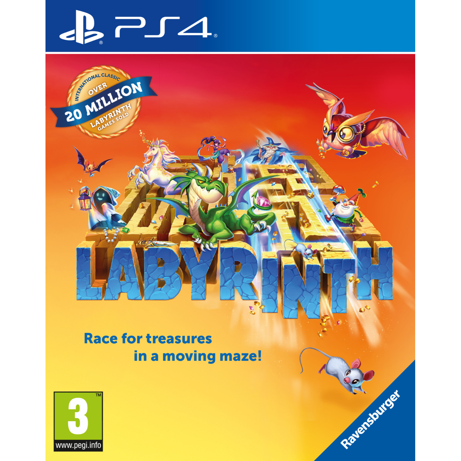 PS4-gamecover: Labyrinth-spel met personages, een uil en een doolhof. Tekst luidt: 'Race for treasures'.
