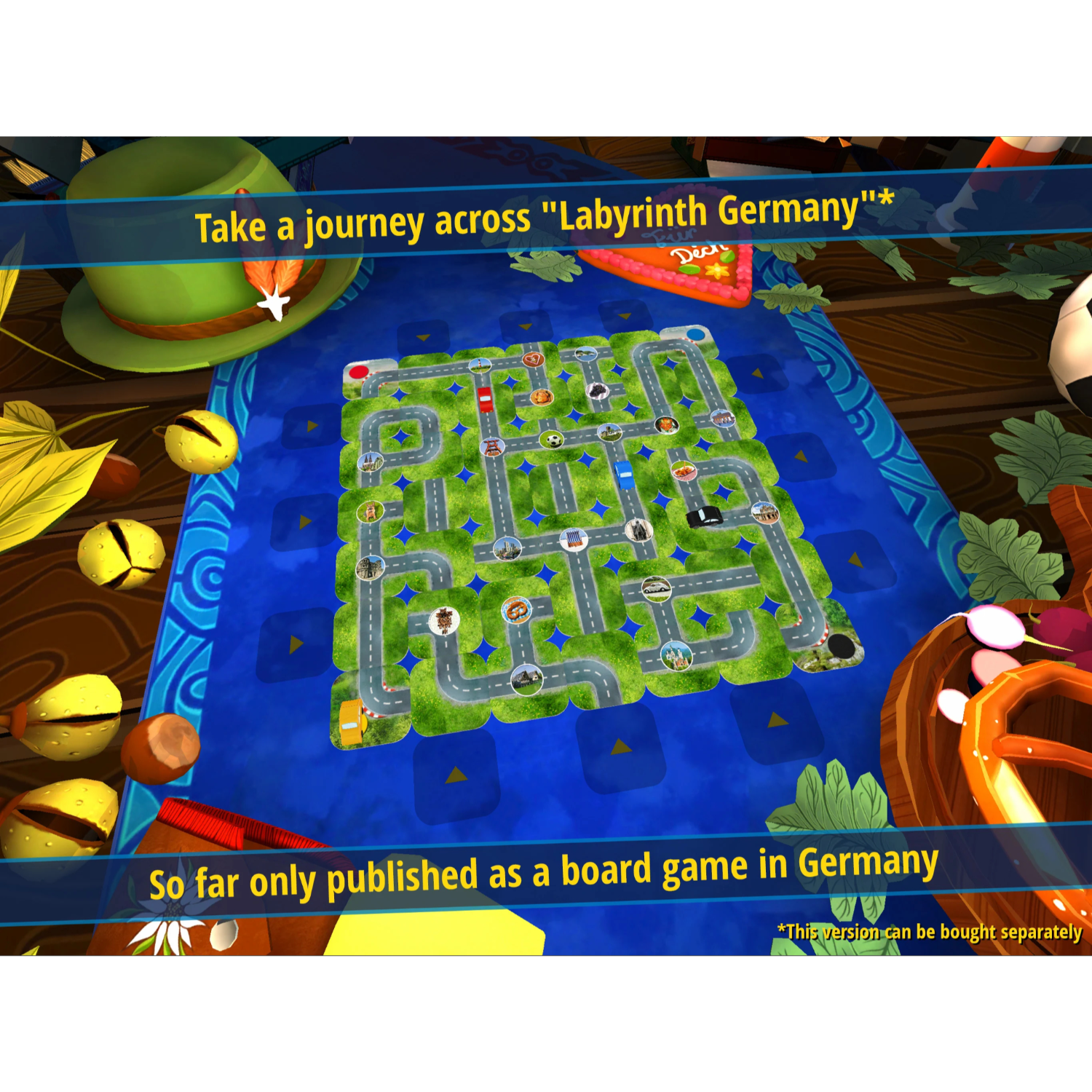 Een bordspel met een kaart van Duitsland en tekst. Inclusief een pretzel, een hoed en een voetbal.