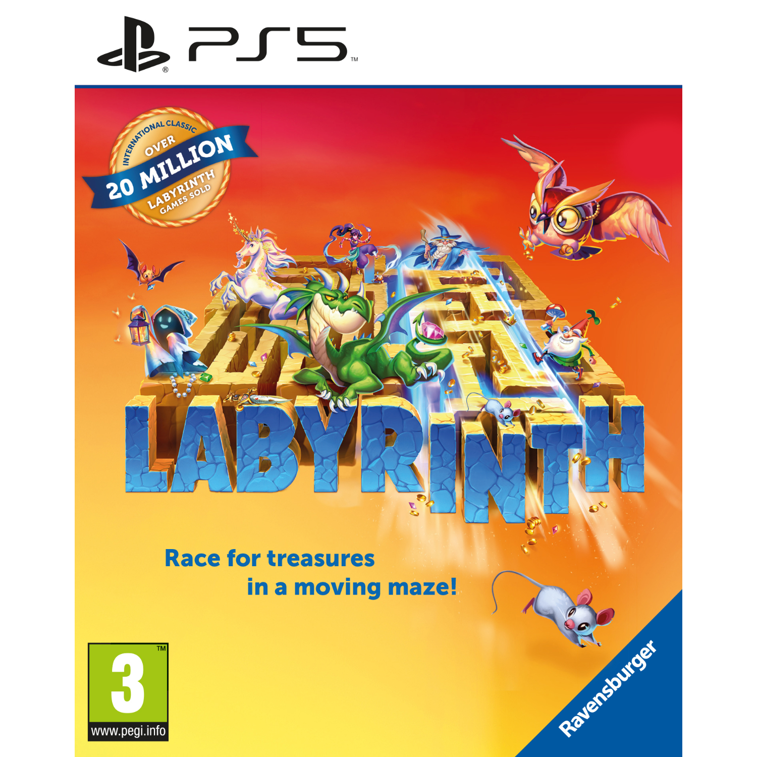 Couverture du jeu. Un labyrinthe avec des personnages de dessins animés. Titre 'Labyrinth' avec le logo PS5.