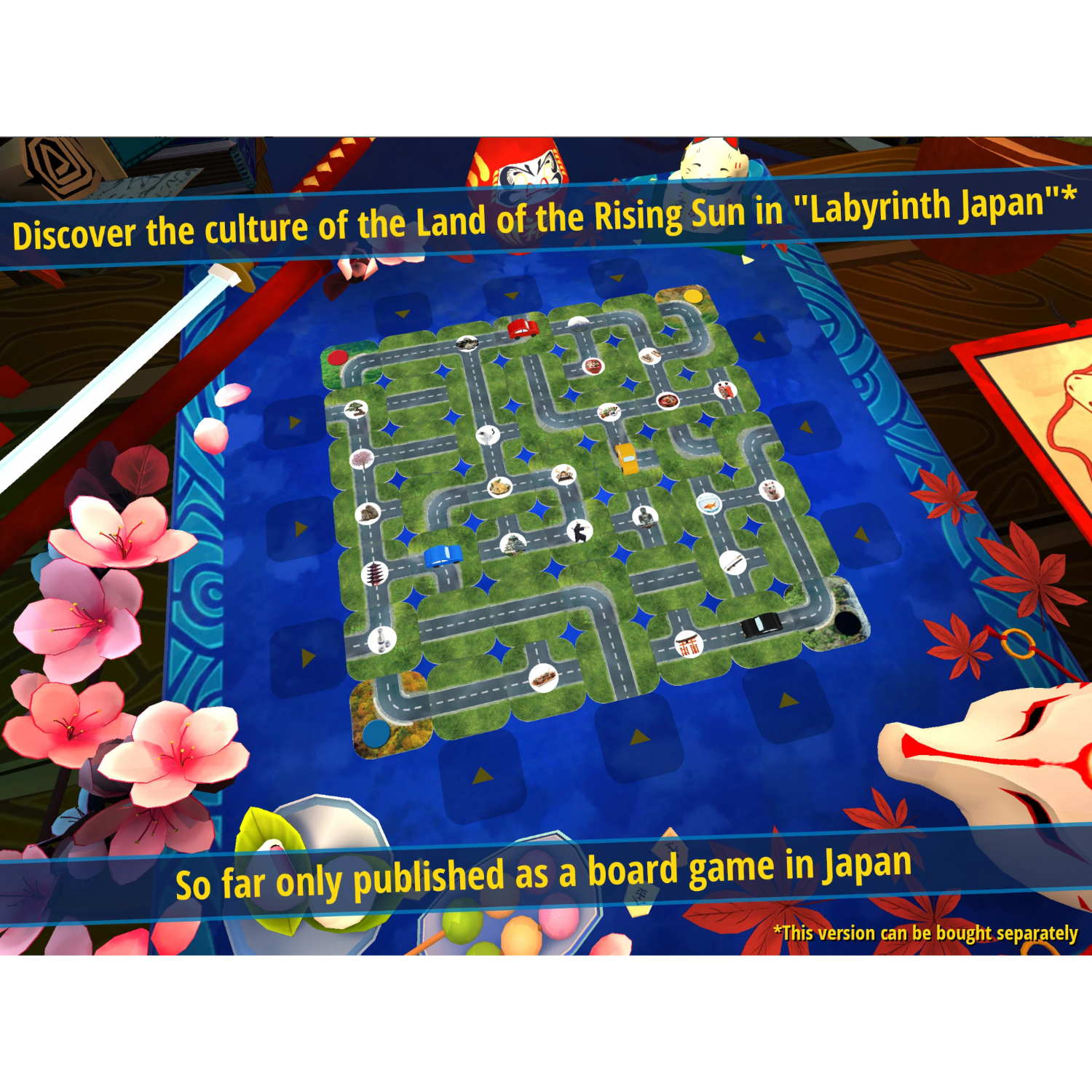 Image d'un jeu de société avec routes et bâtiments, fleurs roses et masque de renard.