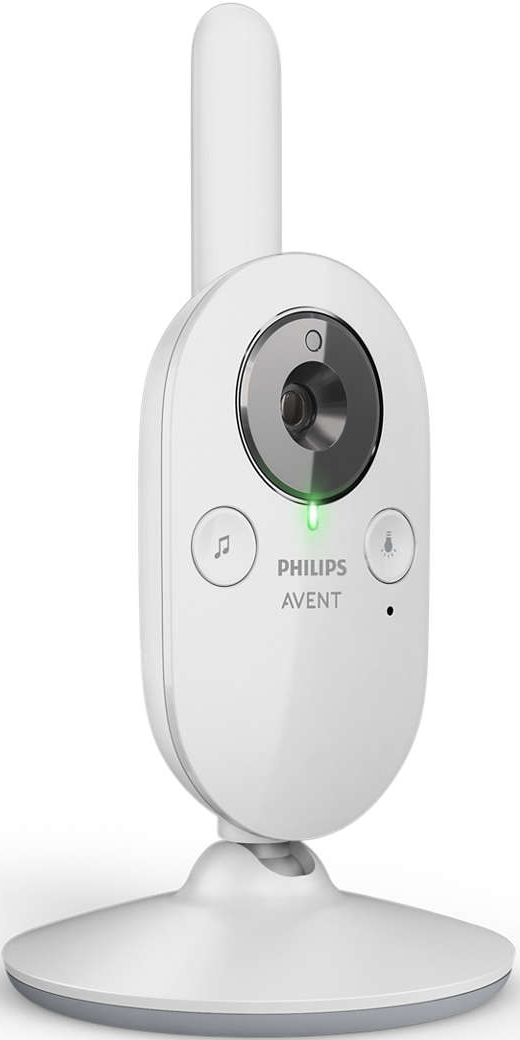 Weißer Philips Avent Babyphone mit Kamera, Knöpfen und Basis, mit grünem Licht an.