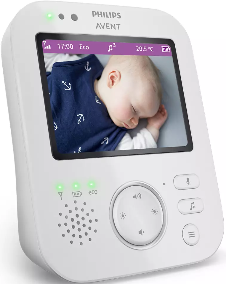 Weißer Babyphone mit Bildschirm, der ein schlafendes Baby zeigt. Mit Knöpfen und Anzeigen.