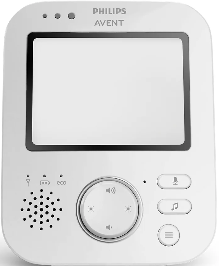 Weißer Babyphone mit Bildschirm, Lautsprecherlöchern und Knöpfen. Das Philips Avent-Logo ist sichtbar.
