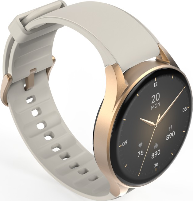Montre connectée or et crème. Cadran rond avec lunette dorée. Bracelet crème. Affiche l'heure et les stats.