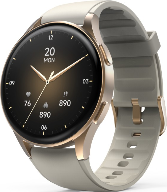 Montre connectée avec cadran rond. L'écran noir affiche la date, l'heure, la fréquence cardiaque et les pas.