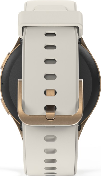 Vue arrière d'une montre connectée dorée et blanche avec bracelet blanc.