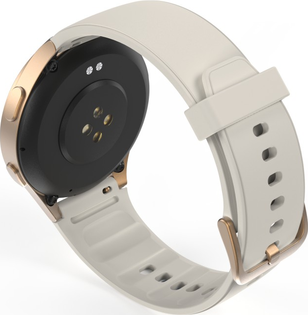 Smartwatch vue d'en bas, montrant l'arrière avec des capteurs et un bracelet crème.