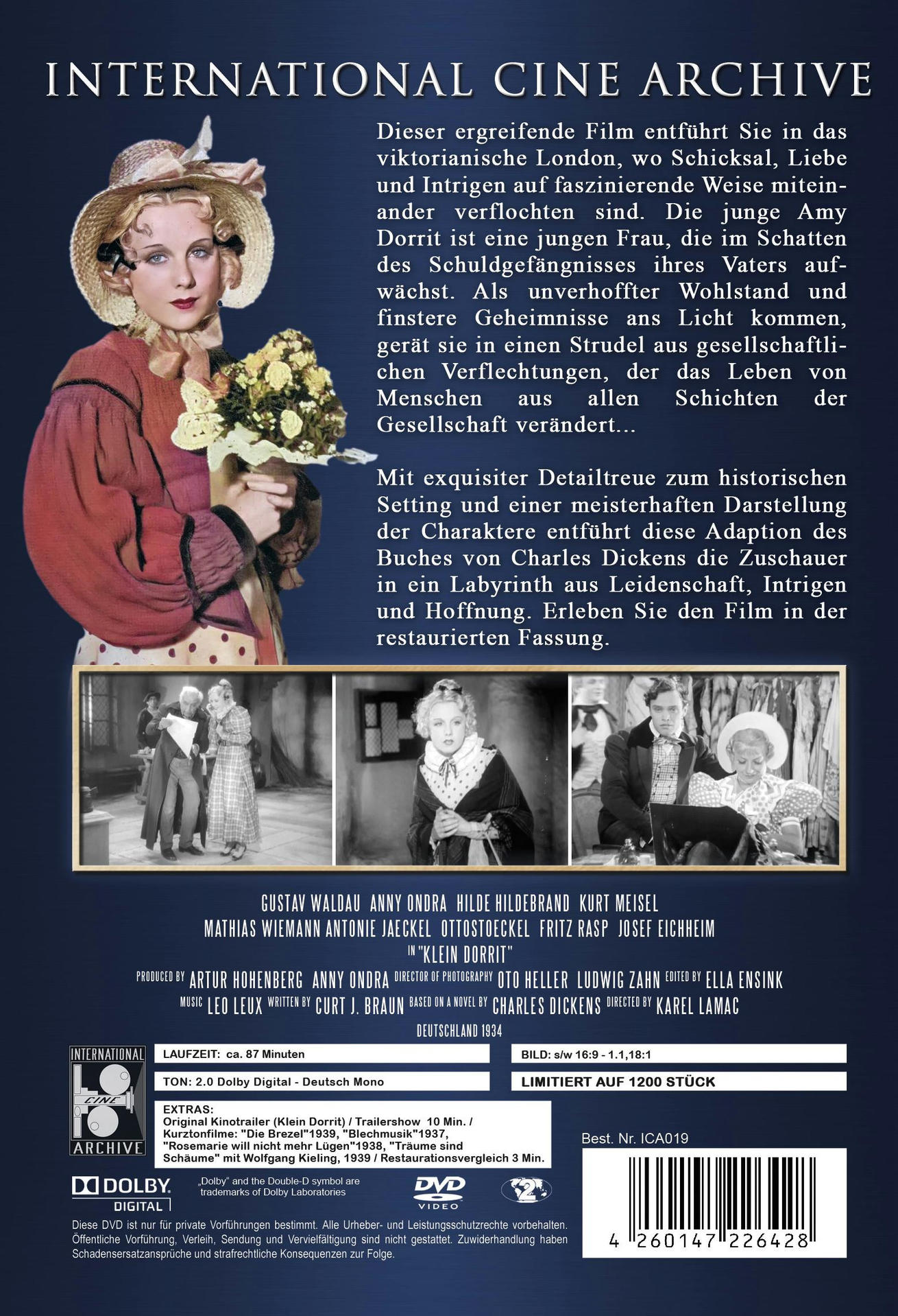 DVD-Hülle für einen Film. Schwarz-Weiß-Bild einer Frau. Text auf Deutsch. Rückseite der Hülle.